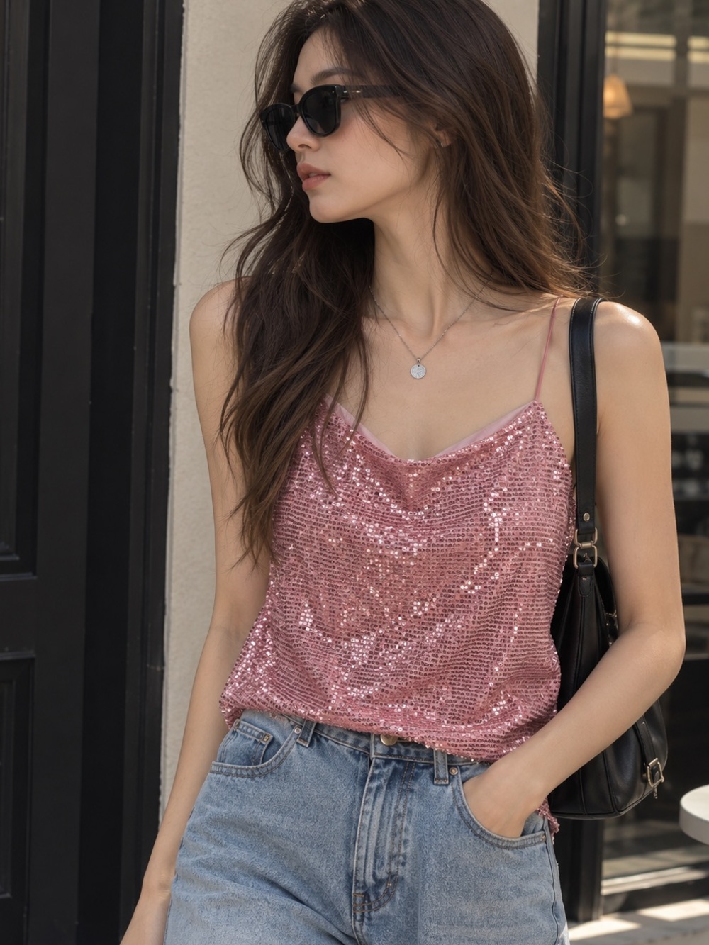 Pink Sequin Sparkly Cami Tank Top